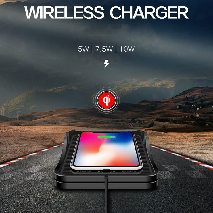 Black car wireless charging pad holding a smartphone on the charging platform