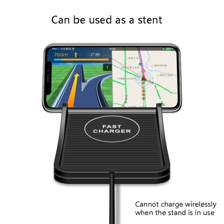 Black wireless charging pad with phone on stand; rear cables extend downward