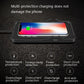 Black car wireless charging pad holding a smartphone on the textured base