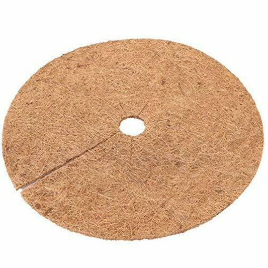 Round brown coconut coir plant root mat with centered white hole and cut line