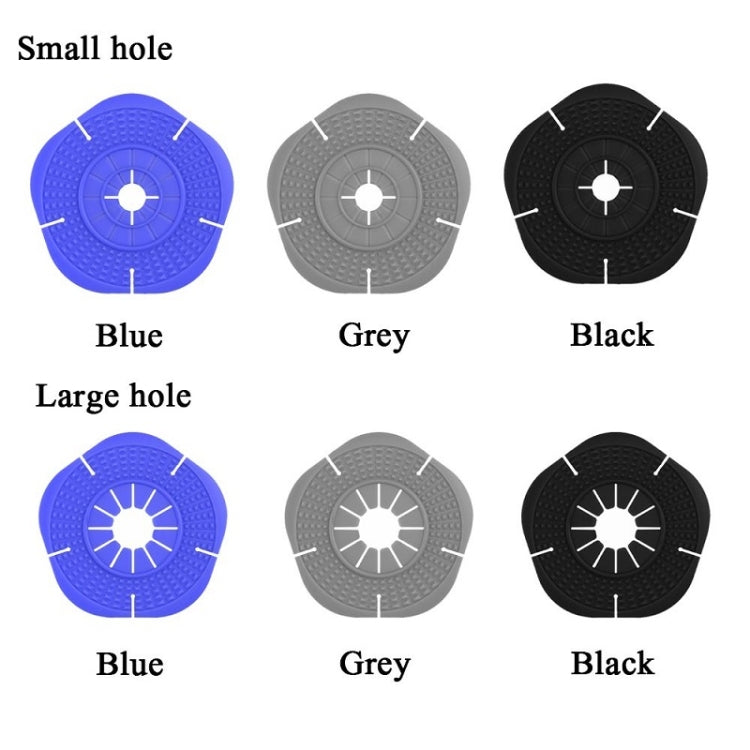 Silicone wiper hole covers for small and large holes in blue, gray, and black