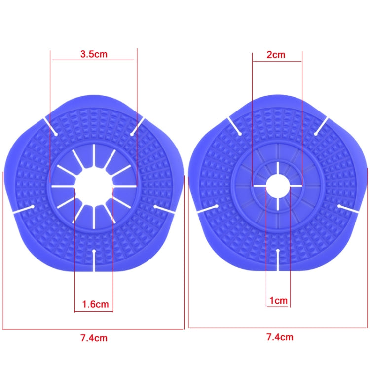 Blue silicone wiper hole cover with labeled hole sizes and overall dimensions