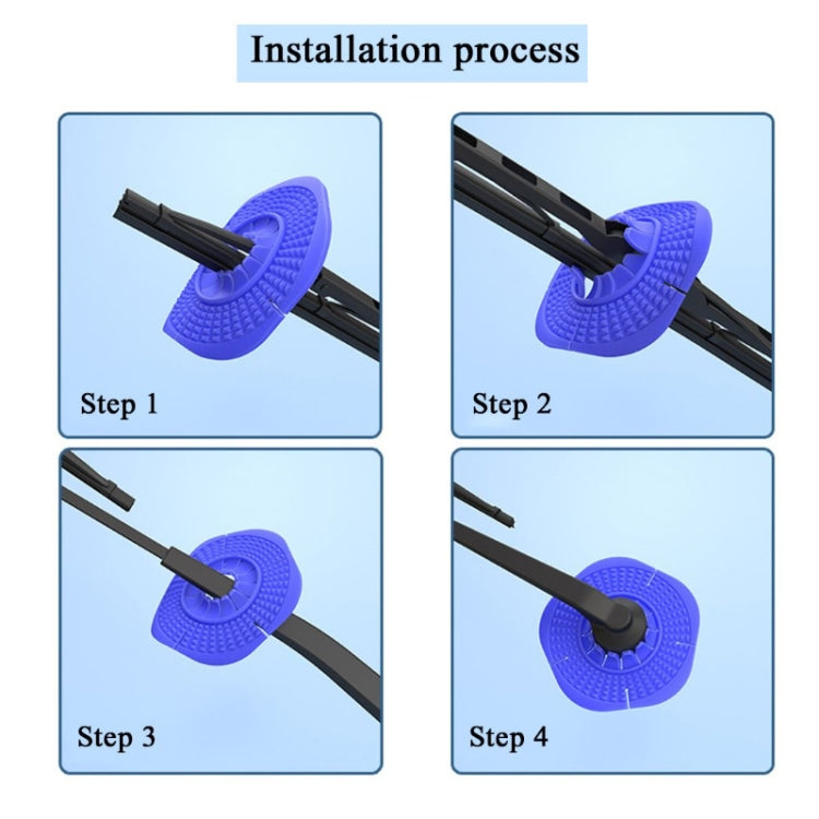 Blue silicone wiper hole cover shown installed on a car wiper blade