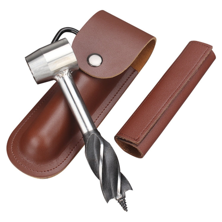 Brown leather drill bit tool set with metal handle, snap sheath, and two bits