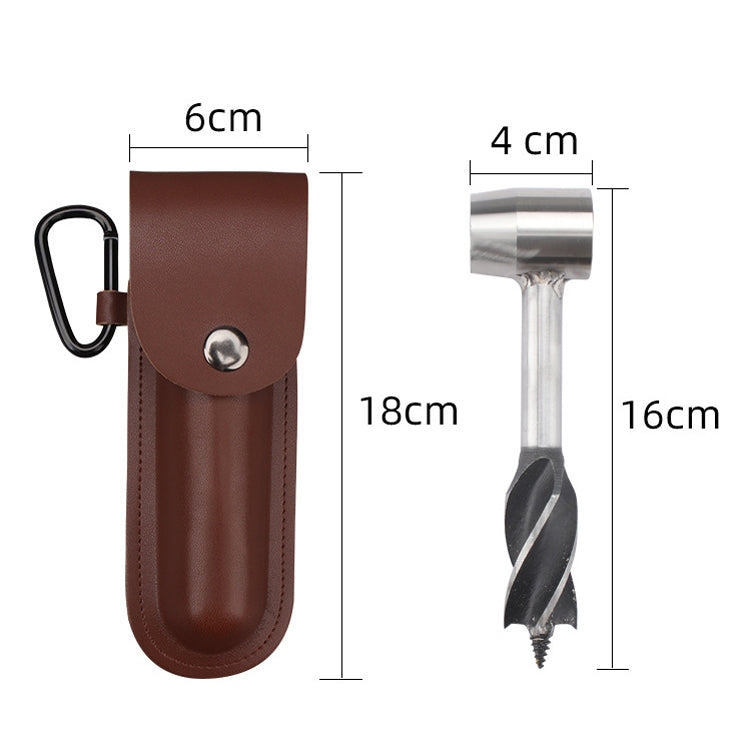 Brown leather drill bit sheath with snap button and two metal bits, 18cm case
