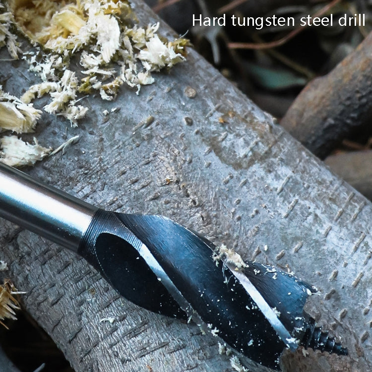 Punch drill bit tool drilling into a log, with brown leather case