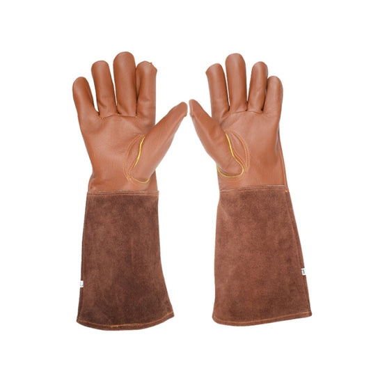 Pair of cut-resistant leather work gloves, tan palm with brown suede cuffs