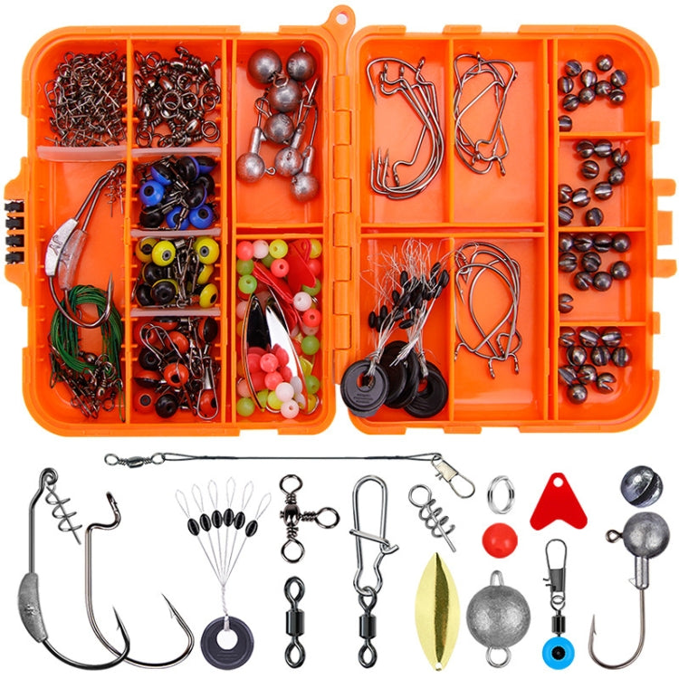 Orange fishing hook accessory kit with open tackle box showing hooks, beads, and weights