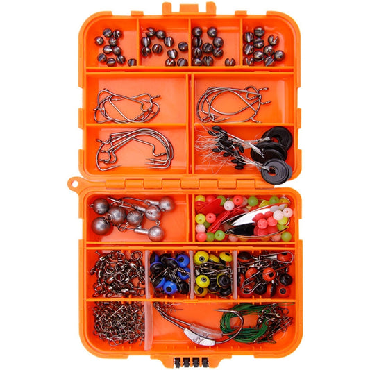 Orange tackle box with compartment tray of assorted fishing hooks, swivels, and sinkers