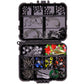 Black tackle box with compartments holding assorted fishing hooks, sinkers, and swivels