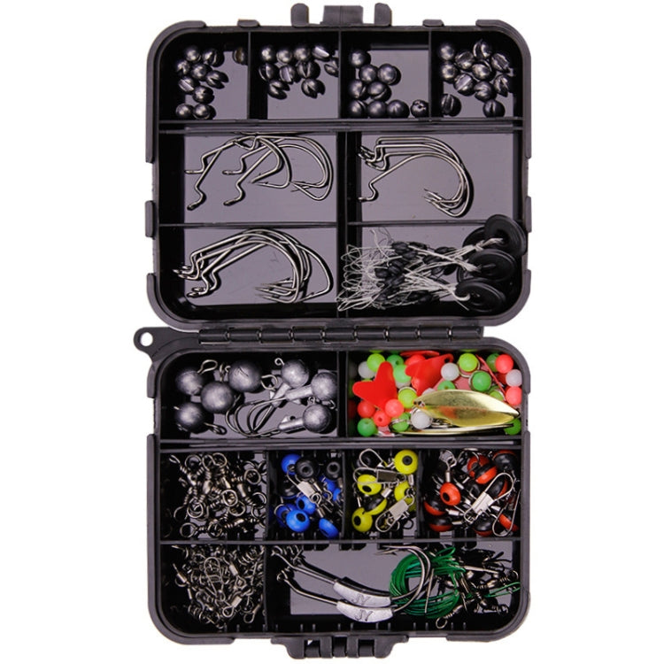 Black tackle box with compartments holding assorted fishing hooks, sinkers, and swivels