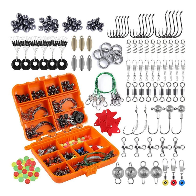 Fishing accessory kit with assorted hooks, split rings, swivels, and colored beads