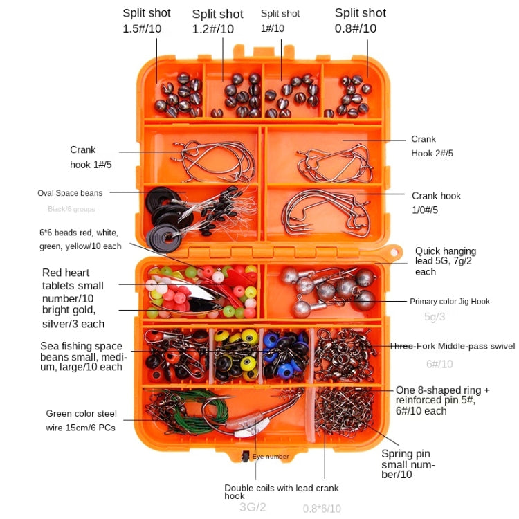 Orange fishing hook accessory set in labeled tray compartments with assorted tackle pieces