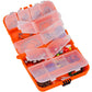 Orange tackle box with transparent divided compartments containing fishing hooks and beads