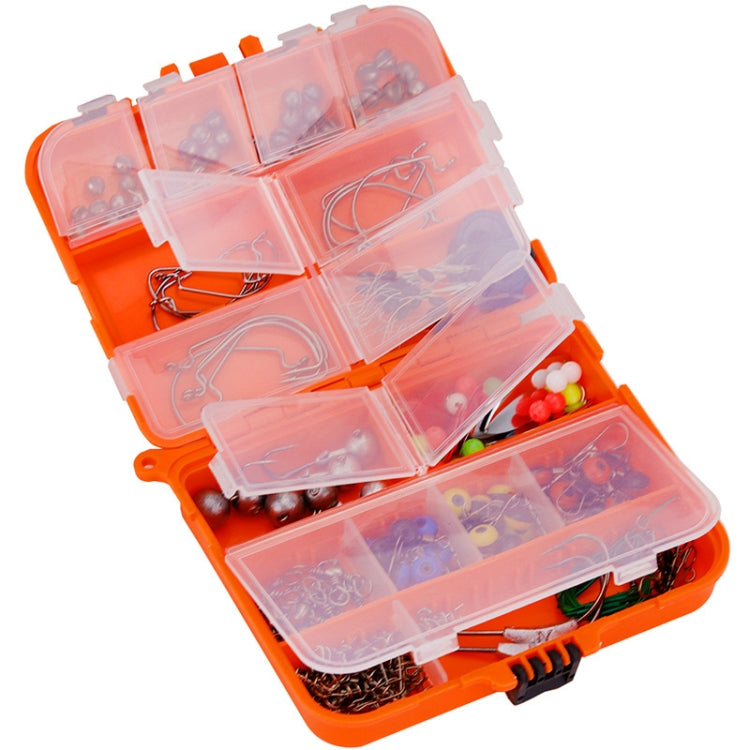 Orange tackle box with transparent divided compartments containing fishing hooks and beads