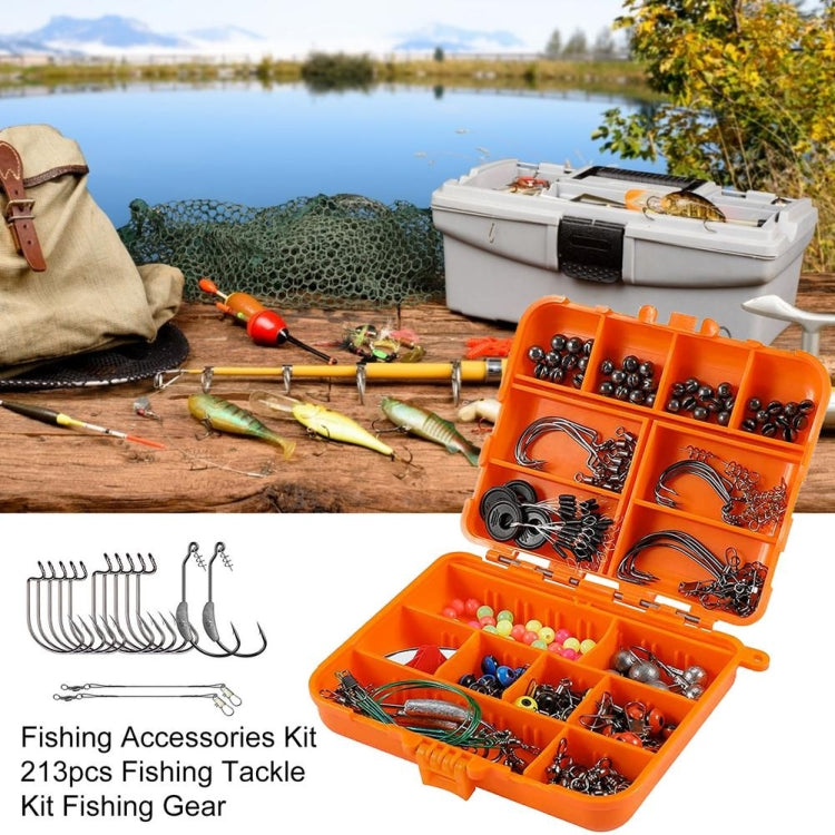 Fishing tackle kit box with assorted hooks and lures, plus a side card of curved hooks
