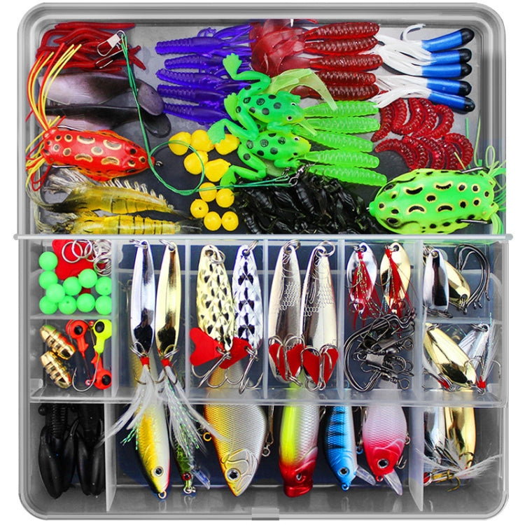 Assorted fishing lure hook accessory set in clear divided organizer, colorful baits