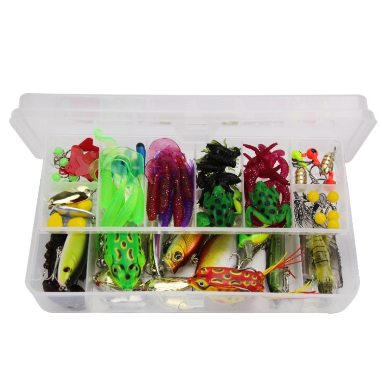 Assorted fishing lure hooks in clear plastic organizer box, mixed red green yellow baits