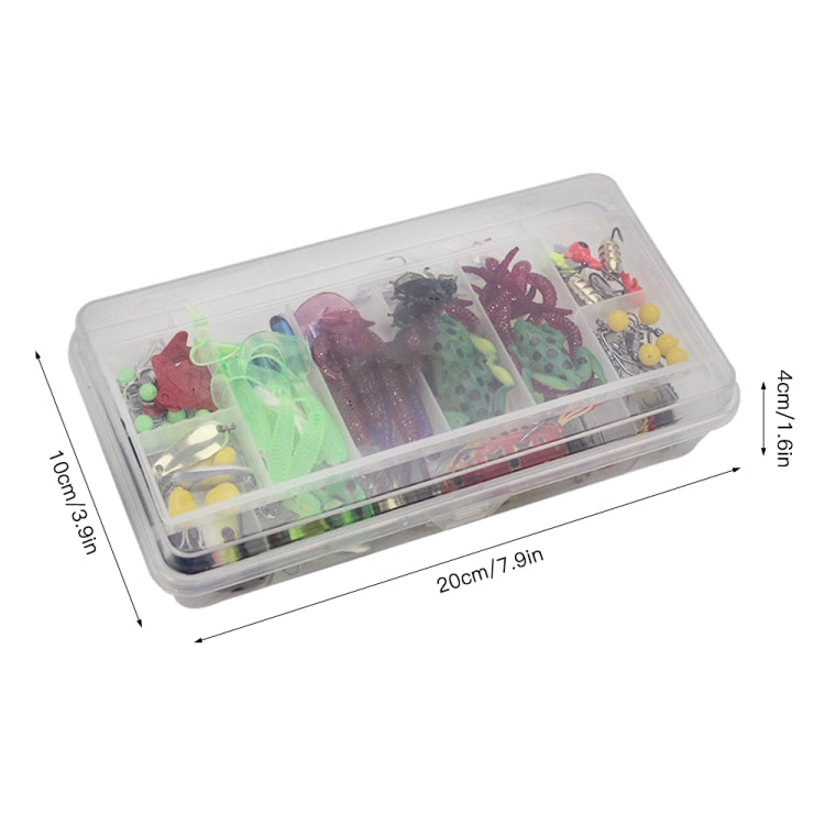 Fishing lure hook accessory set in transparent case with compartments, assorted colors