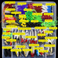 Colorful fishing lures, hooks, and weights in compartmented storage box, 141-piece set