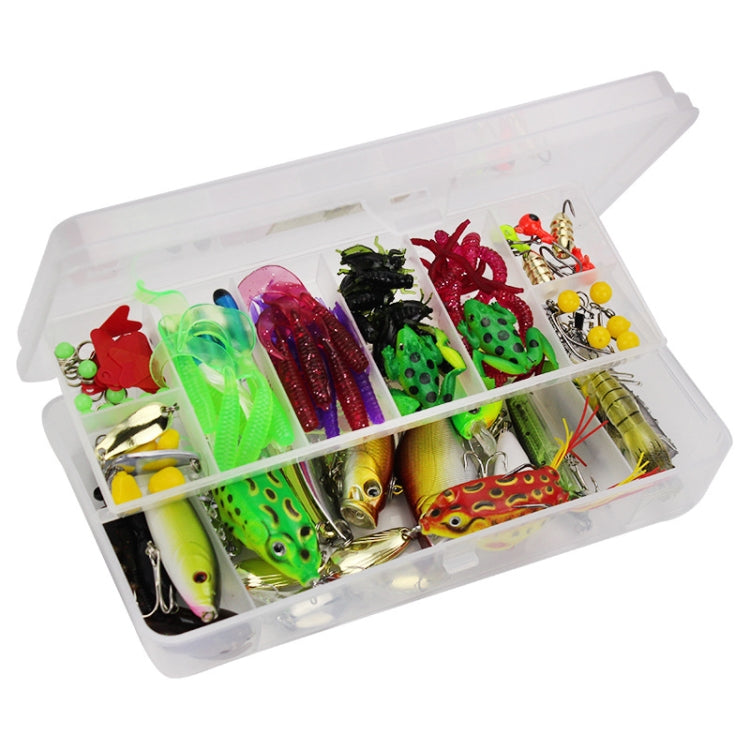 Assorted fishing lure baits and hook accessories in clear organizer box, angled view