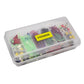 Transparent organizer case with assorted fishing lure hooks and baits, yellow label
