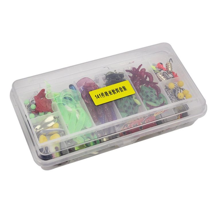 Transparent organizer case with assorted fishing lure hooks and baits, yellow label