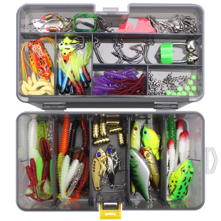 Fishing lure hook accessories set in gray tackle box with colorful bait and hooks