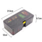 Gray tackle box for fishing lure accessories with size dimensions shown