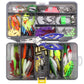 Fishing lure hook accessories set in tackle box with colorful lures and included pliers
