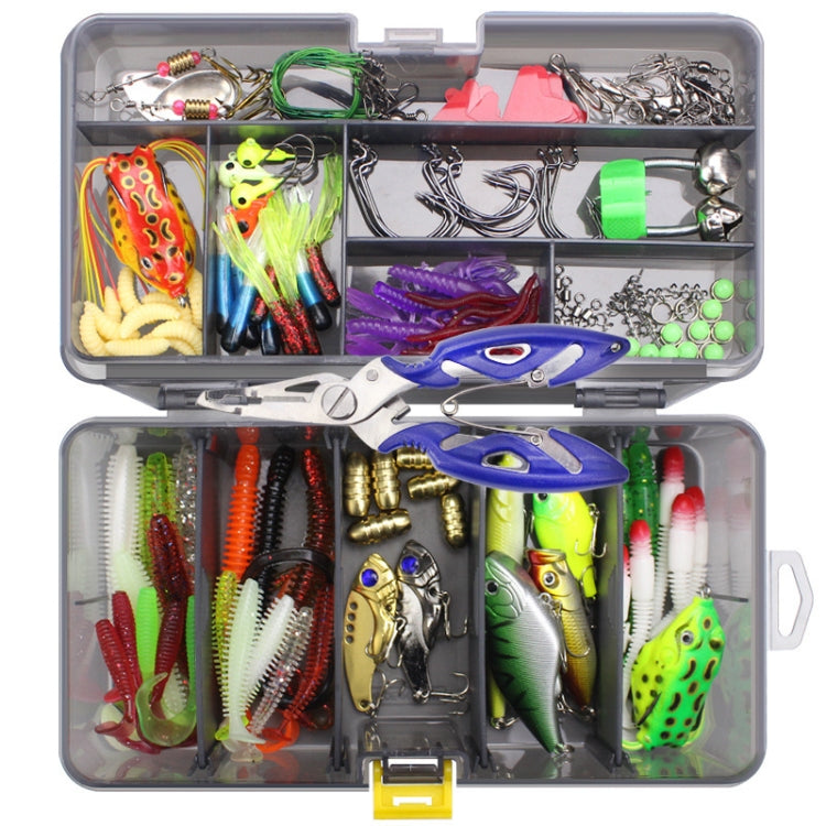 Fishing lure hook accessories set in tackle box with colorful lures and included pliers
