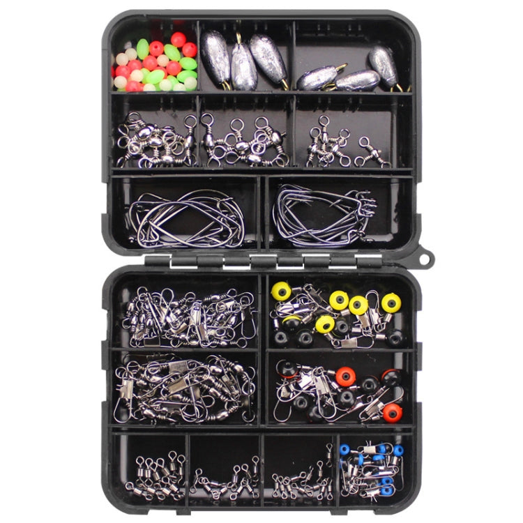Fishing hook accessories set in open black organizer case with hooks, weights, and beads