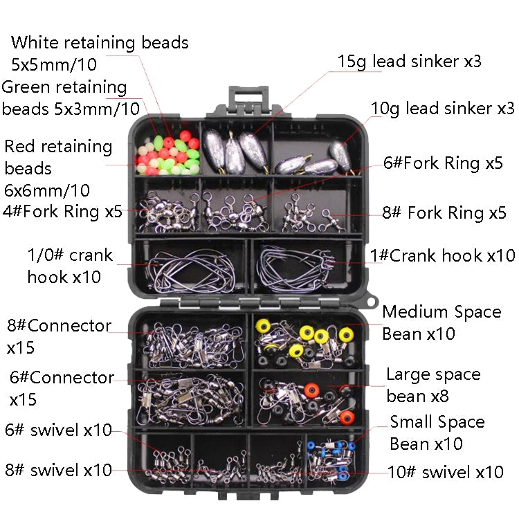 Roadside fishing hook accessories kit case with colorful beads, sinkers, and fork rings