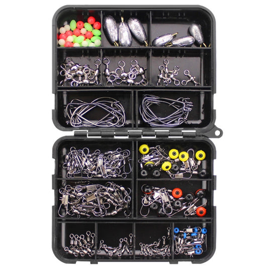 Fishing hook accessories set in open black organizer case with hooks, weights, and beads