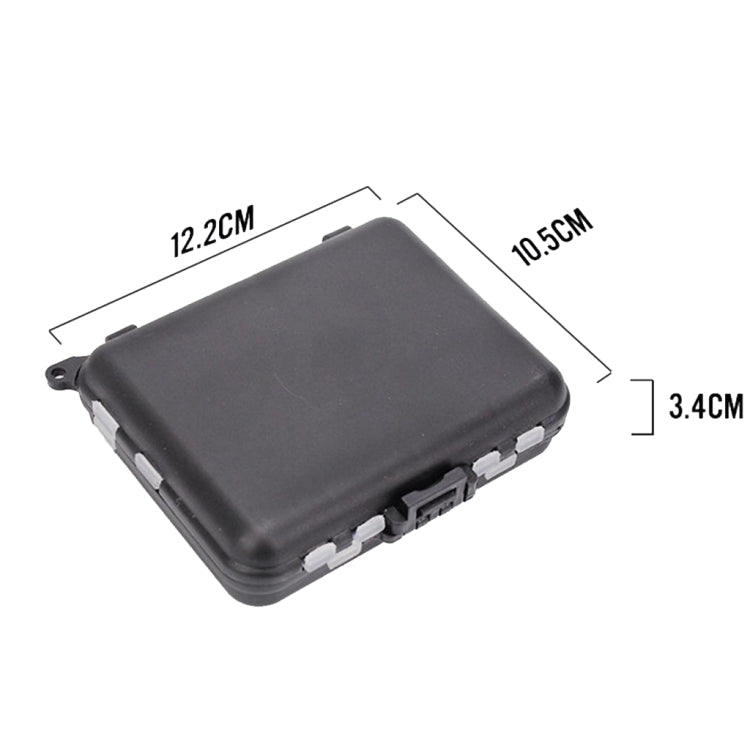 Compact black tackle box case for fishing hook accessories, shown closed