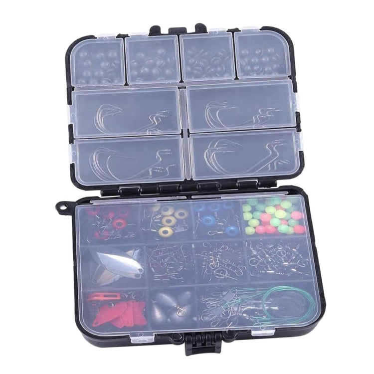 Fishing hook accessories set in translucent-lid organizer case with hooks, beads, and sinkers