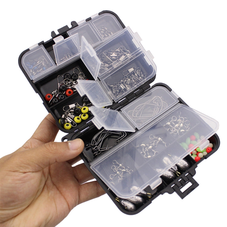 Fishing hook accessories set organizer case opened and held, showing compartments and hooks