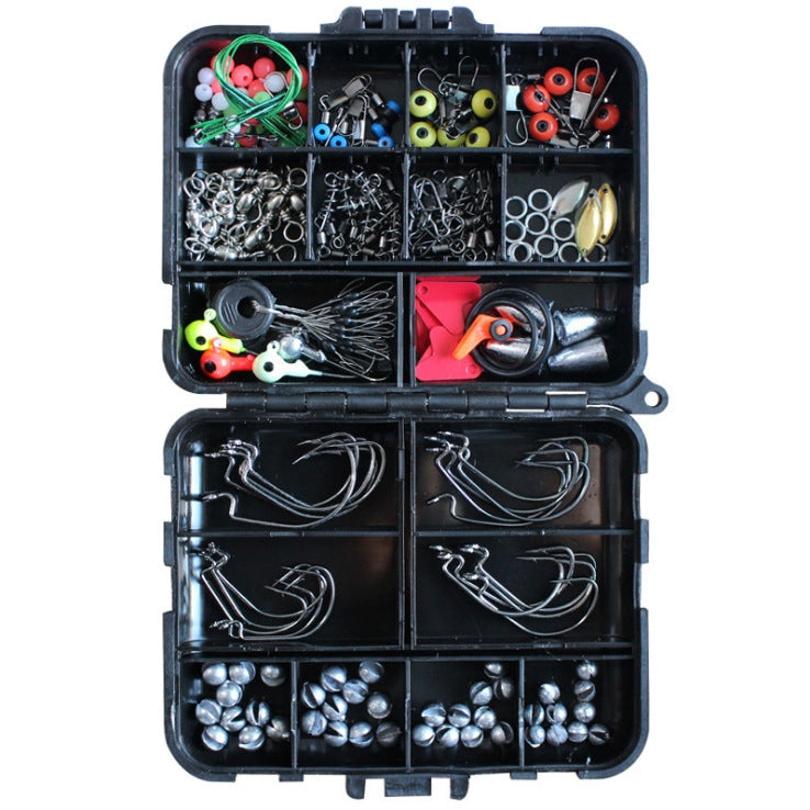 Fishing hook accessories set open in black tackle box with compartments of hooks and weights