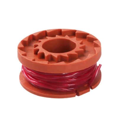 Orange trimmer spool with red cutting line and molded base ring