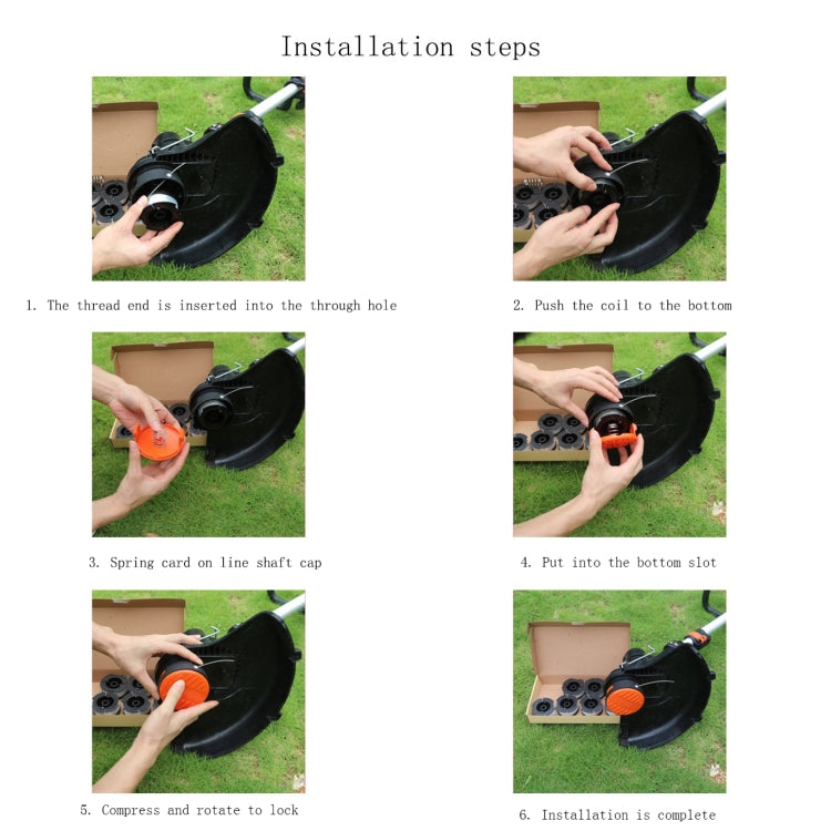 Orange trimmer spool installation steps kit shown with mower head