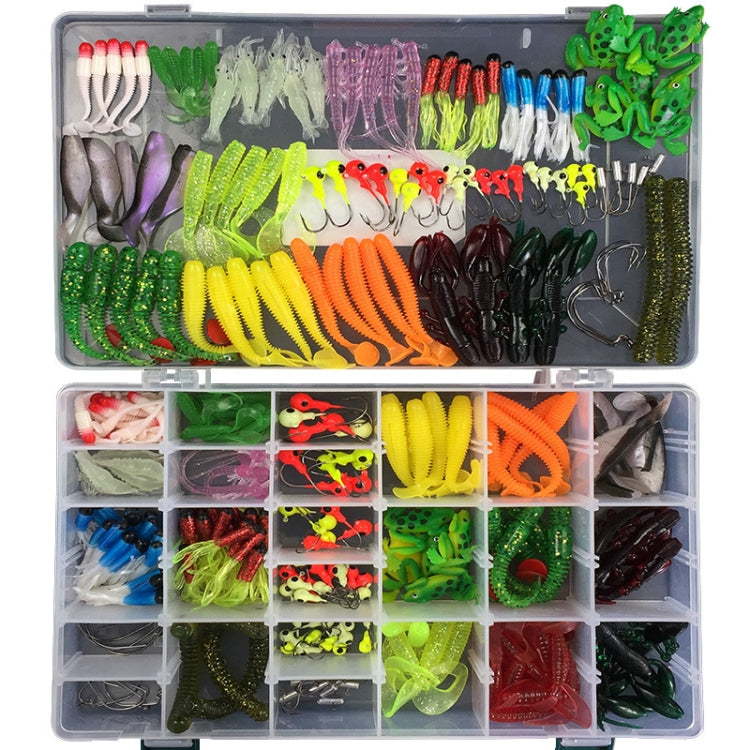 Fishing bait hook lure set in clear tackle box, assorted colors and sizes