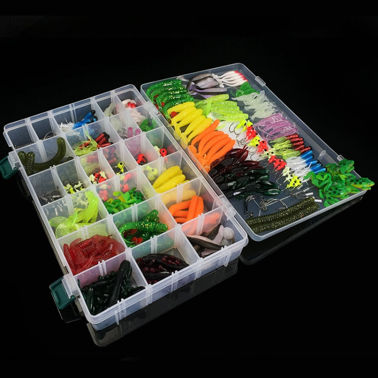Fishing bait hook lure set in plastic organizer, assorted soft lures