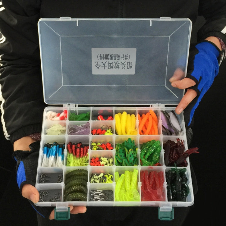 Fishing bait hook lure set in tackle box held in hands, assorted lures
