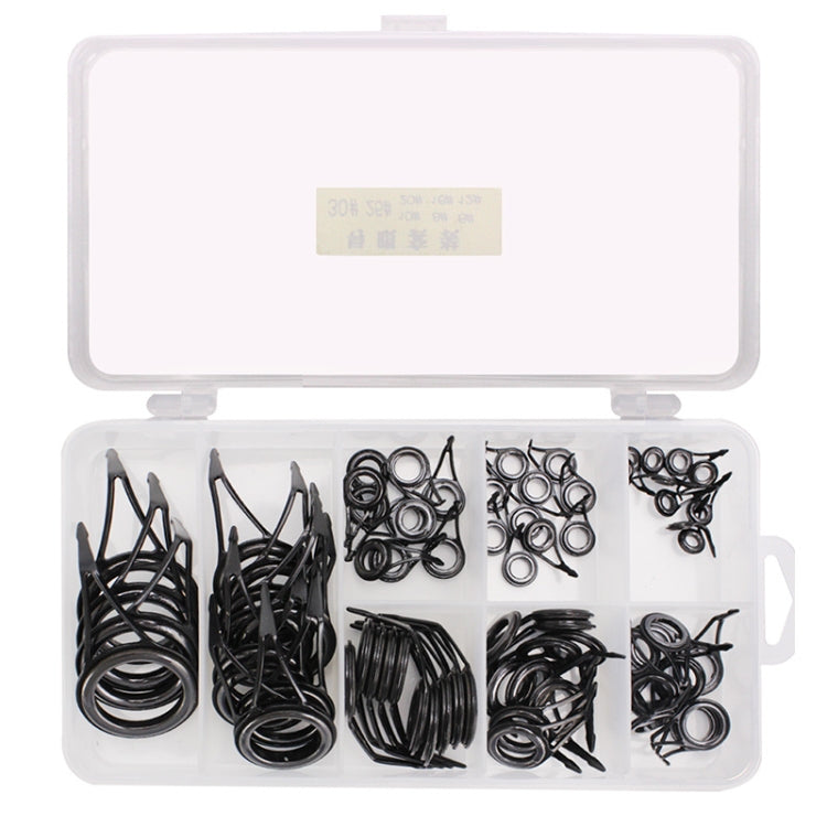 Fishing rod guide ring accessory set in clear box, assorted black single-leg loops
