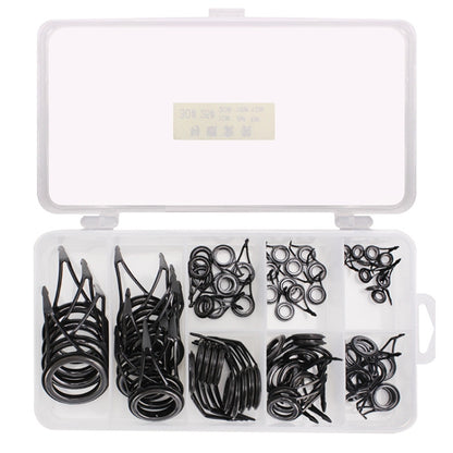 Fishing rod guide ring accessory set in clear box, assorted black single-leg loops