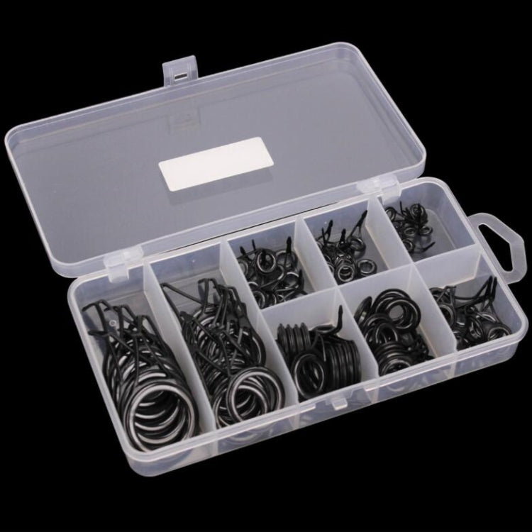 Fishing rod guide rings accessory set in open clear case with compartments