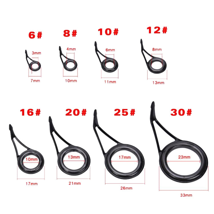 Black single-leg fishing rod guide ring sizes diagram with labeled measurements