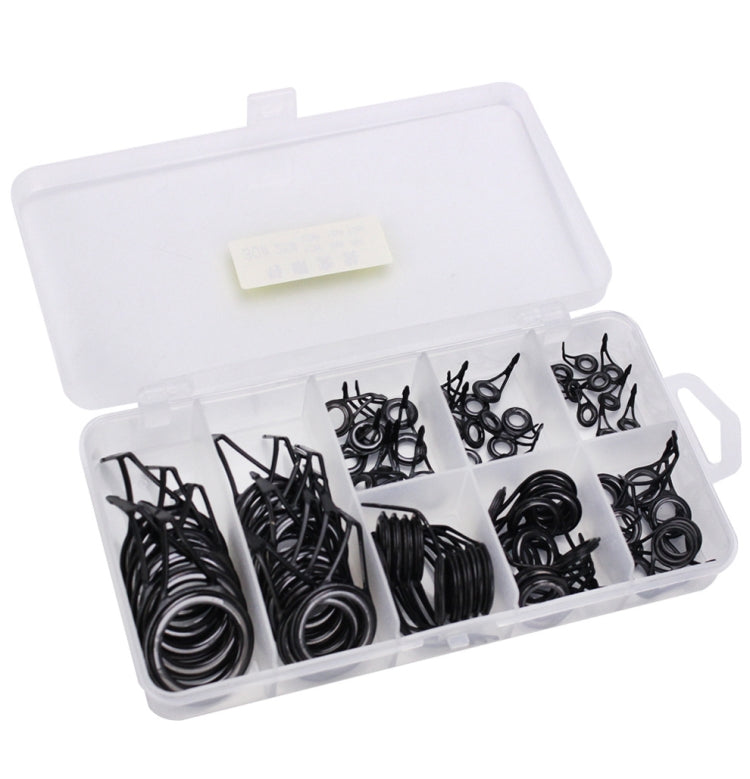 Fishing rod guide ring accessory set in clear open case, assorted black loops
