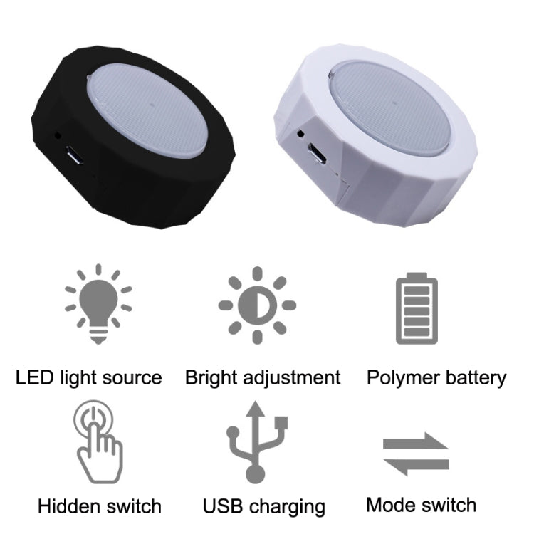 White and black octagonal LED reading lights with USB charging and mode icons