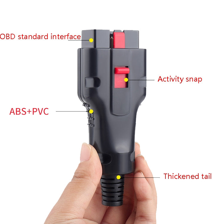 OBD diagnostic interface connector held in hand, dark gray with red latch